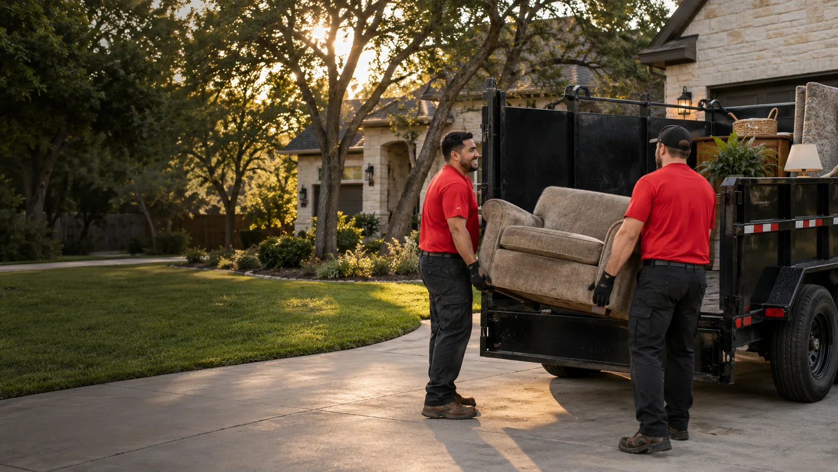 Two junk removal workers loading an armchair into a black dump trailer